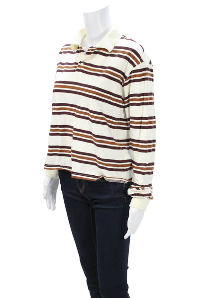 Lioness Women Jersey Striped Collared Polo Long Sleeve Beige Cotton Size L