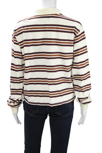 Lioness Women Jersey Striped Collared Polo Long Sleeve Beige Cotton Size L