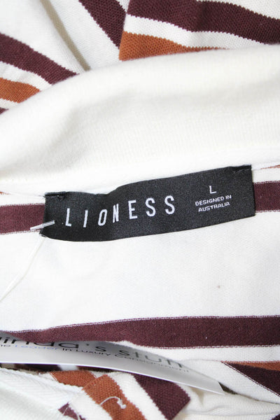 Lioness Women Jersey Striped Collared Polo Long Sleeve Beige Cotton Size L