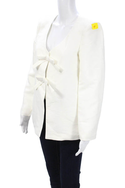 Aligne Womens Classic White Polyester V-Neck Tie Blazer Long Sleeve Size 4