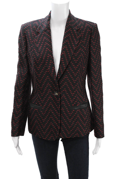 Les Copains Women Black Herringbone Wool Collared Button Blazer Size 42