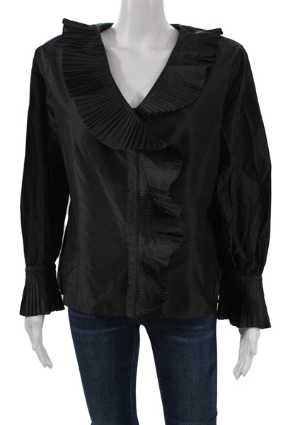 Oscar de la Renta Women Black Silk V-Neck Long Sleeve Blouse Size 16