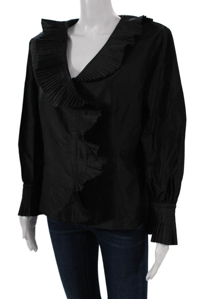 Oscar de la Renta Women Black Silk V-Neck Long Sleeve Blouse Size 16