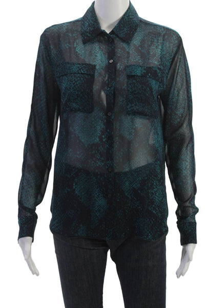 Tahari Women Black Snake Print Button-Up Blouse Collared Long Sleeve Size S