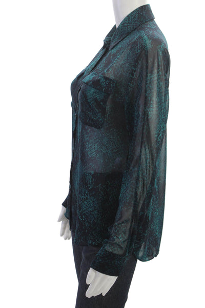 Tahari Women Black Snake Print Button-Up Blouse Collared Long Sleeve Size S