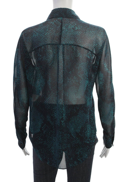 Tahari Women Black Snake Print Button-Up Blouse Collared Long Sleeve Size S
