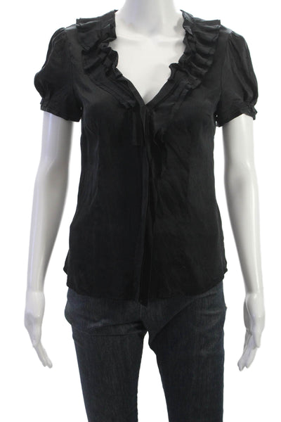 BCBGMAXAZRIA Women Black V-Neck Silk Blend Short Sleeve Blouse Size XS