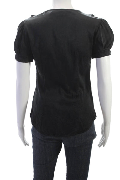 BCBGMAXAZRIA Women Black V-Neck Silk Blend Short Sleeve Blouse Size XS