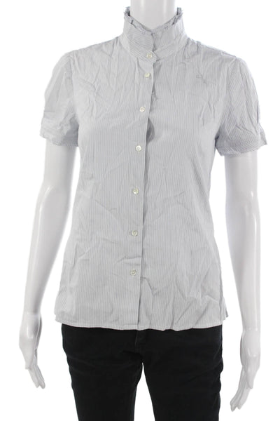 J Crew Womens Light Blue Striped Mock Neck Short Sleeve Blouse Button Up Size 2