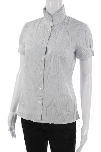 J Crew Womens Light Blue Striped Mock Neck Short Sleeve Blouse Button Up Size 2
