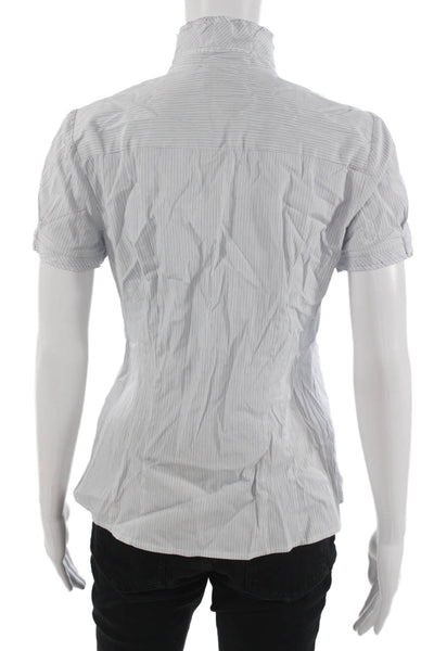 J Crew Womens Light Blue Striped Mock Neck Short Sleeve Blouse Button Up Size 2