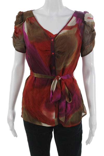 Worthington Womens Brown V-Neck Button Up Blouse Short Sleeve Polyester Size 2