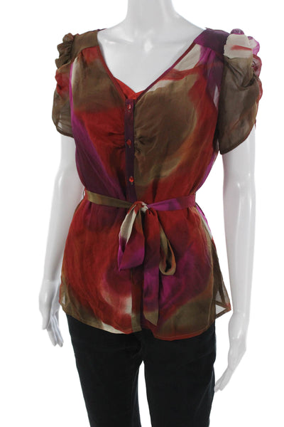 Worthington Womens Brown V-Neck Button Up Blouse Short Sleeve Polyester Size 2