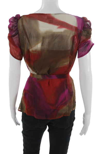 Worthington Womens Brown V-Neck Button Up Blouse Short Sleeve Polyester Size 2