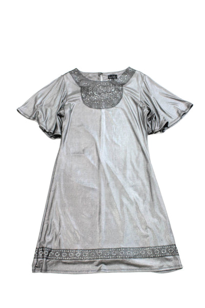 Nicole Miller Girls Short Sleeve Crew Neck Mesh Glitter Trim Dress Silver 16