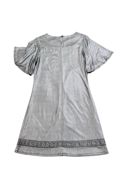 Nicole Miller Girls Short Sleeve Crew Neck Mesh Glitter Trim Dress Silver 16