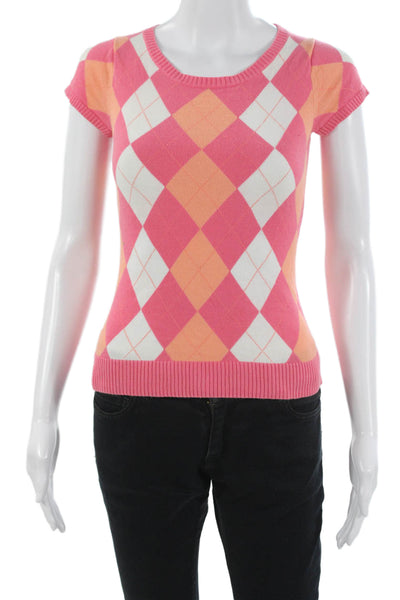 J Crew Women Basic Pink Argyle Crew Neck Cotton Short Sleeve T-Shirt Size XS