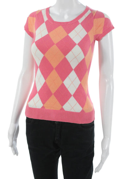 J Crew Women Basic Pink Argyle Crew Neck Cotton Short Sleeve T-Shirt Size XS
