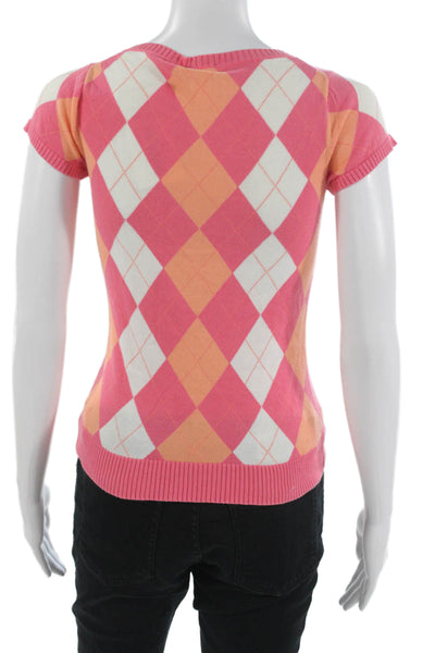 J Crew Women Basic Pink Argyle Crew Neck Cotton Short Sleeve T-Shirt Size XS
