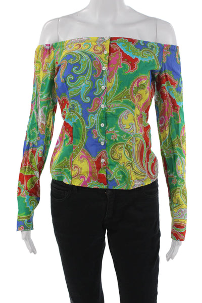 Ralph Lauren Black Label Women Blue Paisley Button-Up Blouse Long Sleeve Size 2