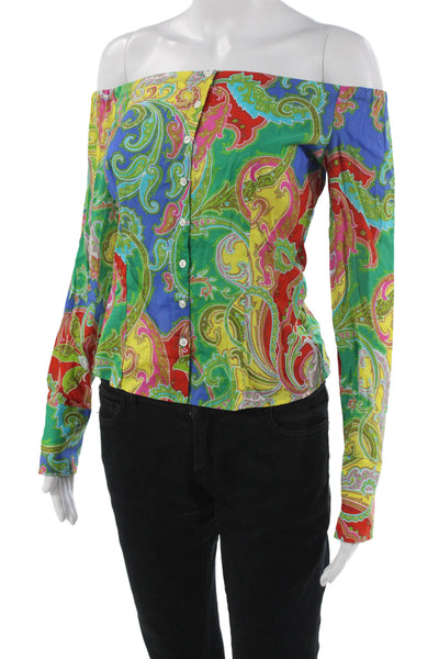 Ralph Lauren Black Label Women Blue Paisley Button-Up Blouse Long Sleeve Size 2