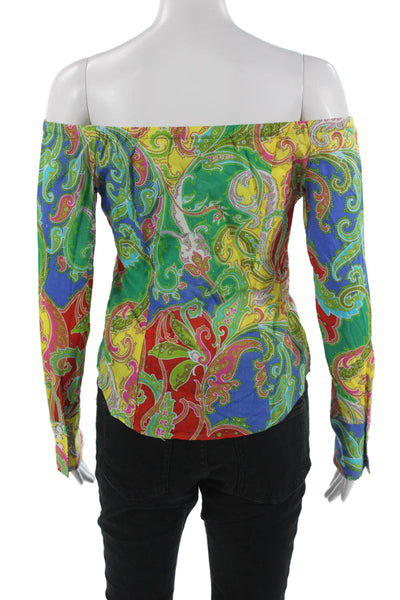 Ralph Lauren Black Label Women Blue Paisley Button-Up Blouse Long Sleeve Size 2