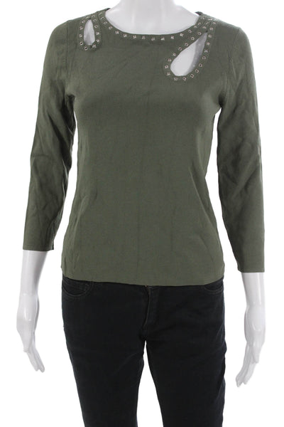 Cable & Gauge Women Green 3/4 Sleeve Round Neck Silk Rayon Top Size S