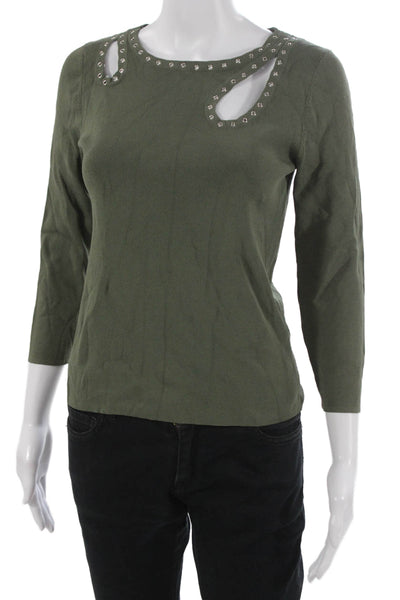 Cable & Gauge Women Green 3/4 Sleeve Round Neck Silk Rayon Top Size S