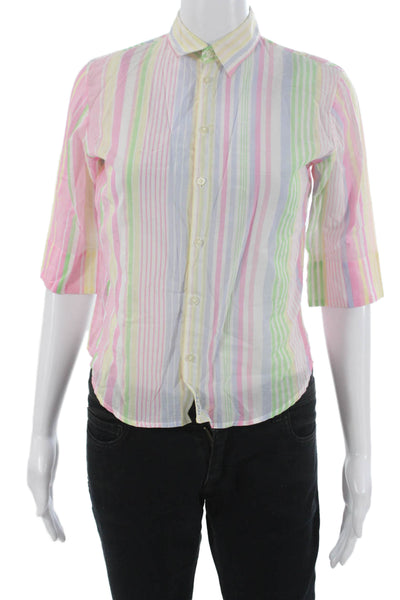 Ralph Ralph Lauren Women Pink Striped Collared Button-Up 3/4 Sleeve Size XS