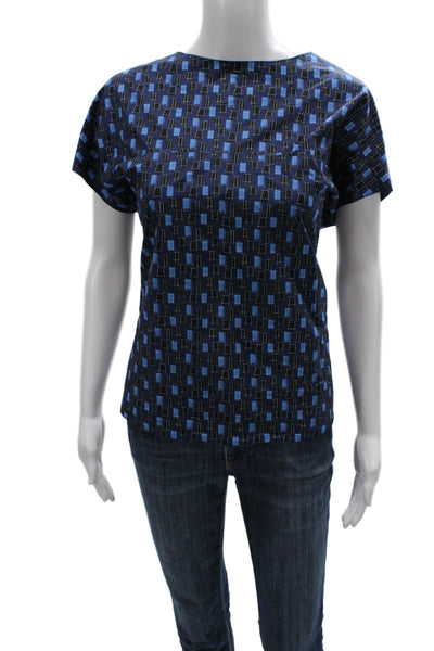 Marni Women Blue Geometric V-Neck Basic Blouse Cotton Short Sleeve Size S