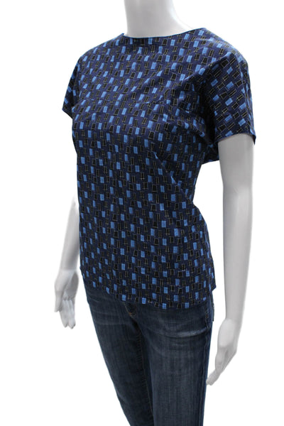 Marni Women Blue Geometric V-Neck Basic Blouse Cotton Short Sleeve Size S