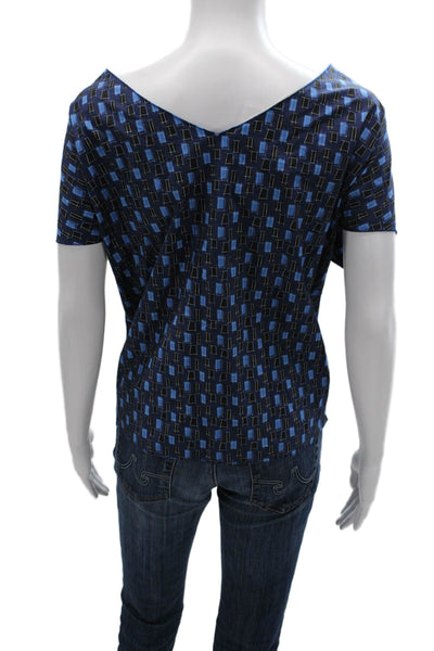 Marni Women Blue Geometric V-Neck Basic Blouse Cotton Short Sleeve Size S