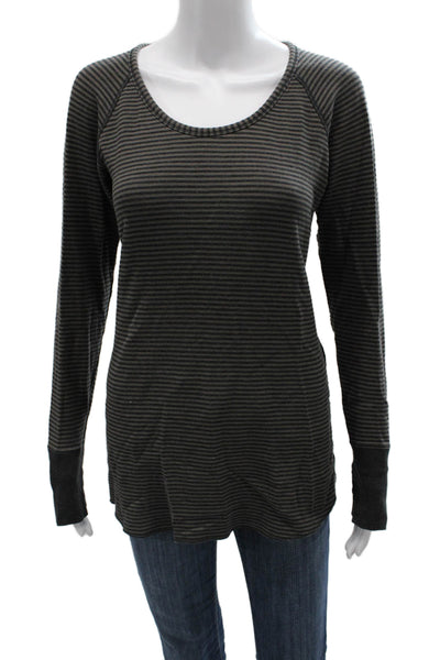 Lululemon Women Basic Striped Black Long Sleeve Round Neck Top Size L