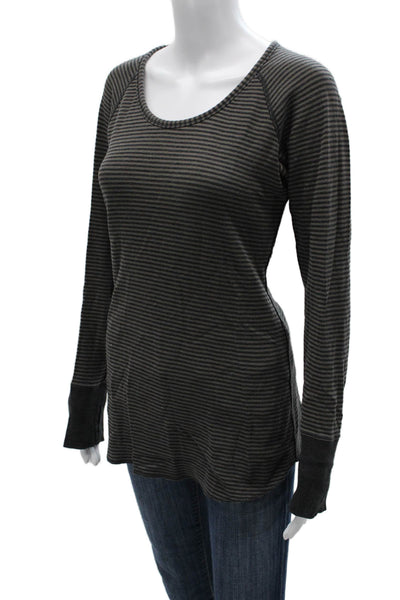 Lululemon Women Basic Striped Black Long Sleeve Round Neck Top Size L