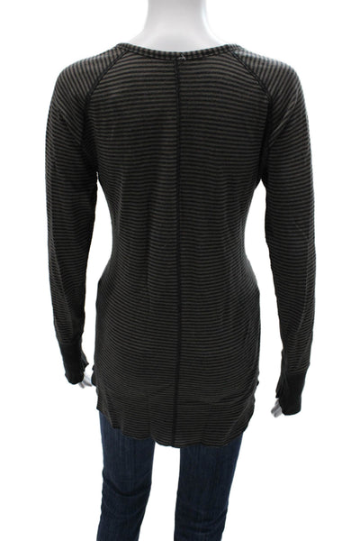 Lululemon Women Basic Striped Black Long Sleeve Round Neck Top Size L
