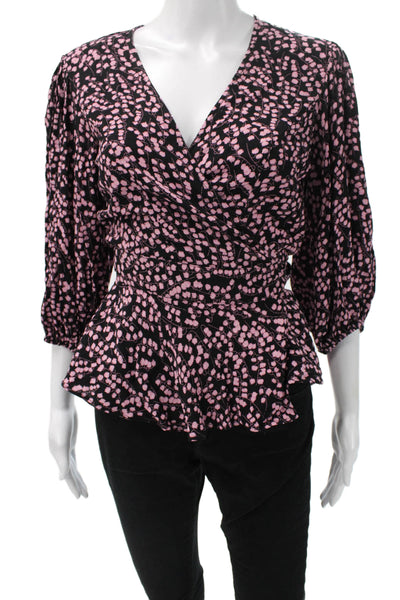 Ganni Womens Floral V-Neck Viscose Blouse Black 3/4 Sleeve Tie Size 36