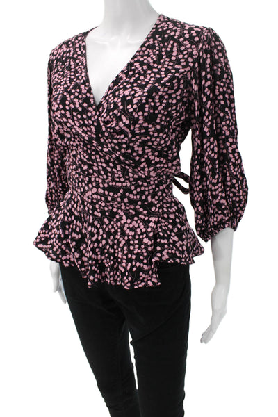 Ganni Womens Floral V-Neck Viscose Blouse Black 3/4 Sleeve Tie Size 36