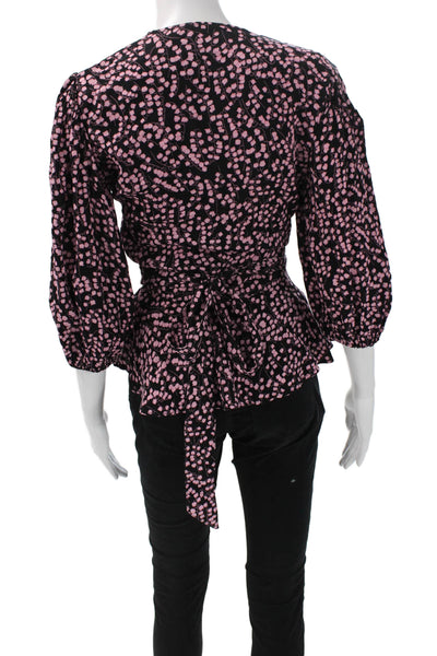 Ganni Womens Floral V-Neck Viscose Blouse Black 3/4 Sleeve Tie Size 36