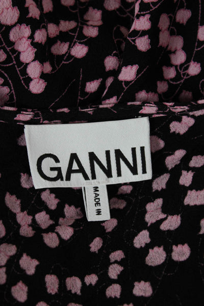 Ganni Womens Floral V-Neck Viscose Blouse Black 3/4 Sleeve Tie Size 36