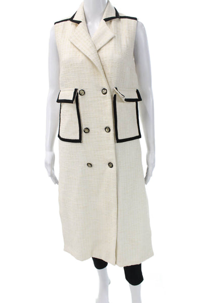 Gavano Women Collared Sleeveless Acrylic Vest Beige Button Classic Size 36