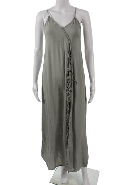 Indah Women Maxi Slip Dress Gray V-Neck Cotton Blend Sleeveless Bohemian Size S
