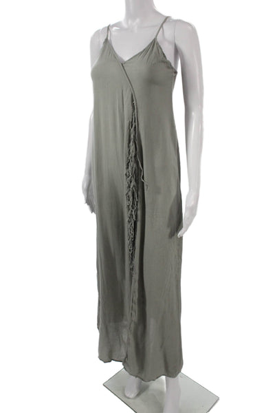 Indah Women Maxi Slip Dress Gray V-Neck Cotton Blend Sleeveless Bohemian Size S
