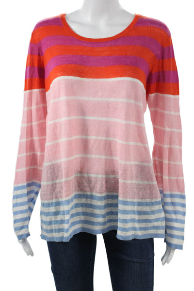 Joie Unisex Orange Striped Linen Pullover Sweater Round Neck Long Sleeve Size M