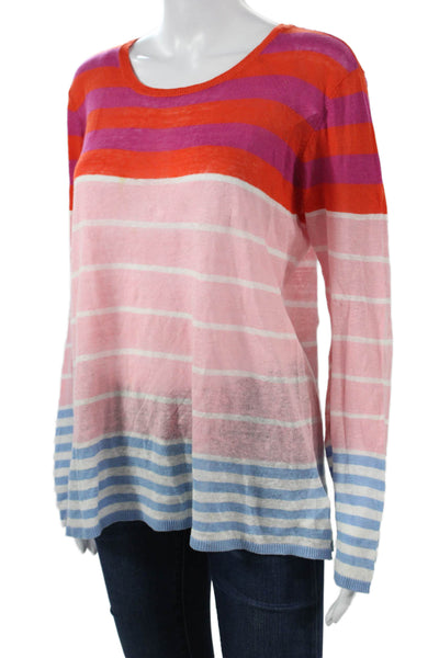 Joie Unisex Orange Striped Linen Pullover Sweater Round Neck Long Sleeve Size M