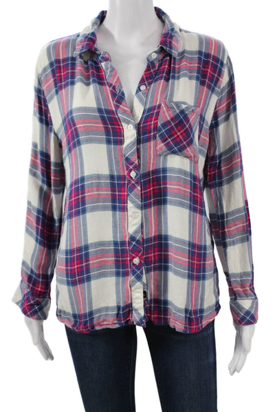 Rails Womens Collared Plaid Cotton Button-Up Top Long Sleeve Blue 90s Size L
