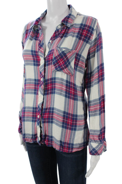 Rails Womens Collared Plaid Cotton Button-Up Top Long Sleeve Blue 90s Size L