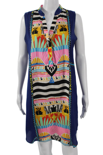 Mara Hoffman Women Shift Silk V-Neck Sleeveless Aztec Multi-Color Dress Size S