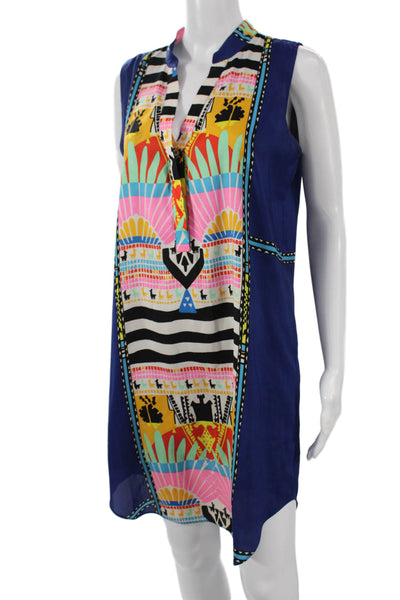 Mara Hoffman Women Shift Silk V-Neck Sleeveless Aztec Multi-Color Dress Size S