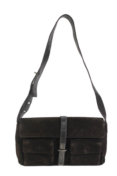Yves Saint Laurent Womens Suede Button Closure Shoulder Handbag Dark Brown