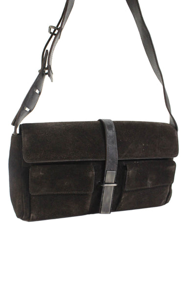 Yves Saint Laurent Womens Suede Button Closure Shoulder Handbag Dark Brown